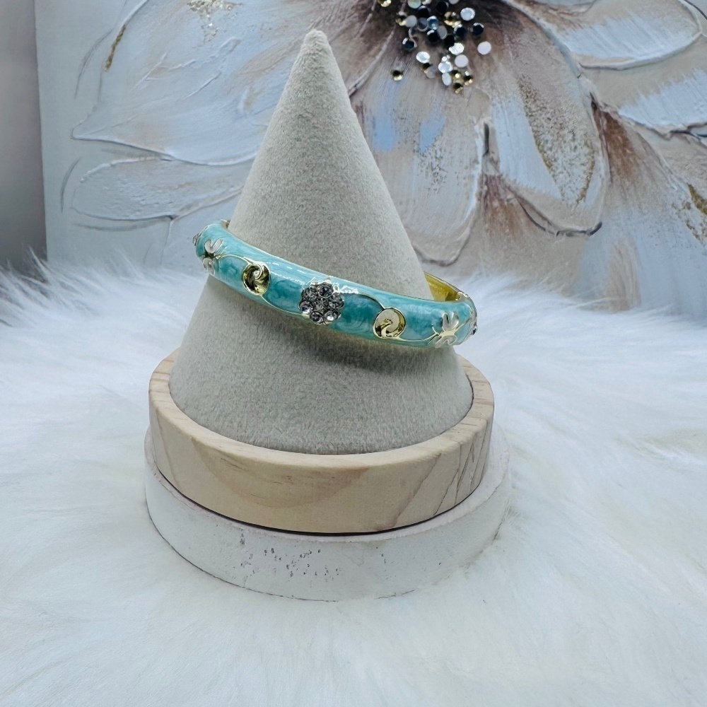 Green Flower Enamel Cloisonne Bracelet Bangle Thick Style